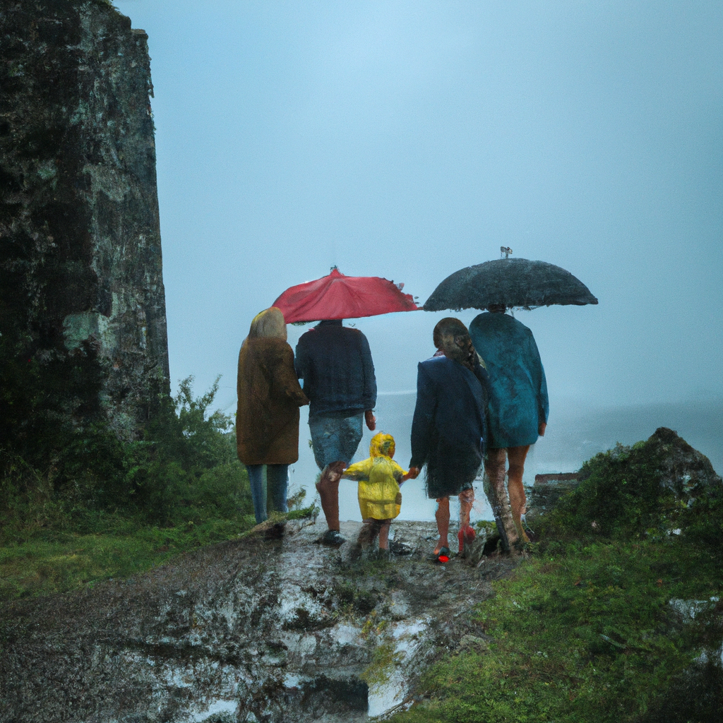 Famille sous la pluie en normandie